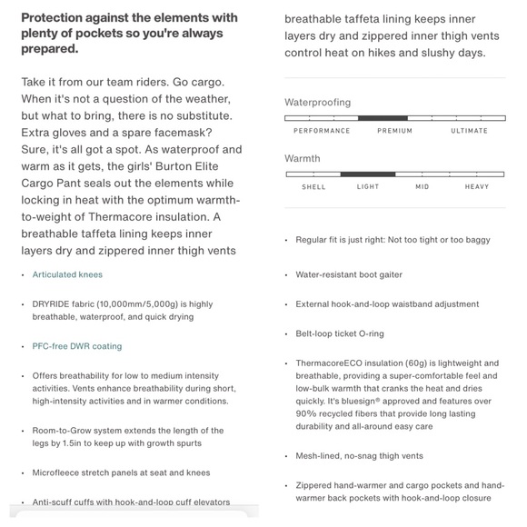 Burton ~ Cargo Snowboard Ski SnowPants ~ Girls XS 5-6 ~ Dark Blue - Picture 14 of 16